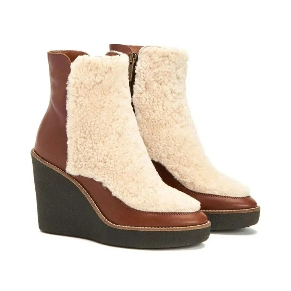 Aquatalia Violett Leather Shearling Wedge Ankle Bootie Bro…